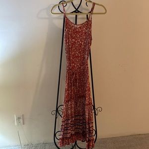 Knox rose red floral dress with blue stripes & ruffles at the bottom